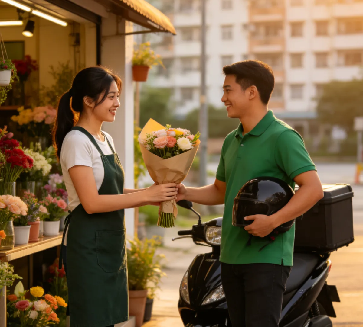 A florist hands a bouquet to a rider beside his motorcycle