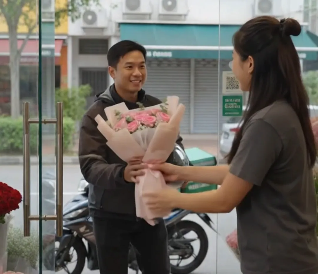 A rider collects a bouquet at a florist's glass door