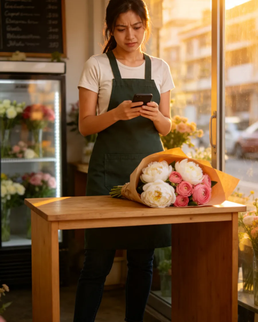 A shop owner checking her phone for a driver